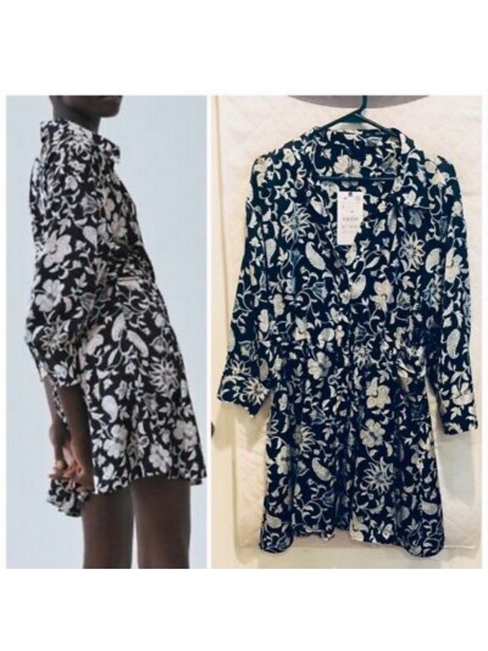 Zara Navy Blue & White Floral Mini Shirt Dress